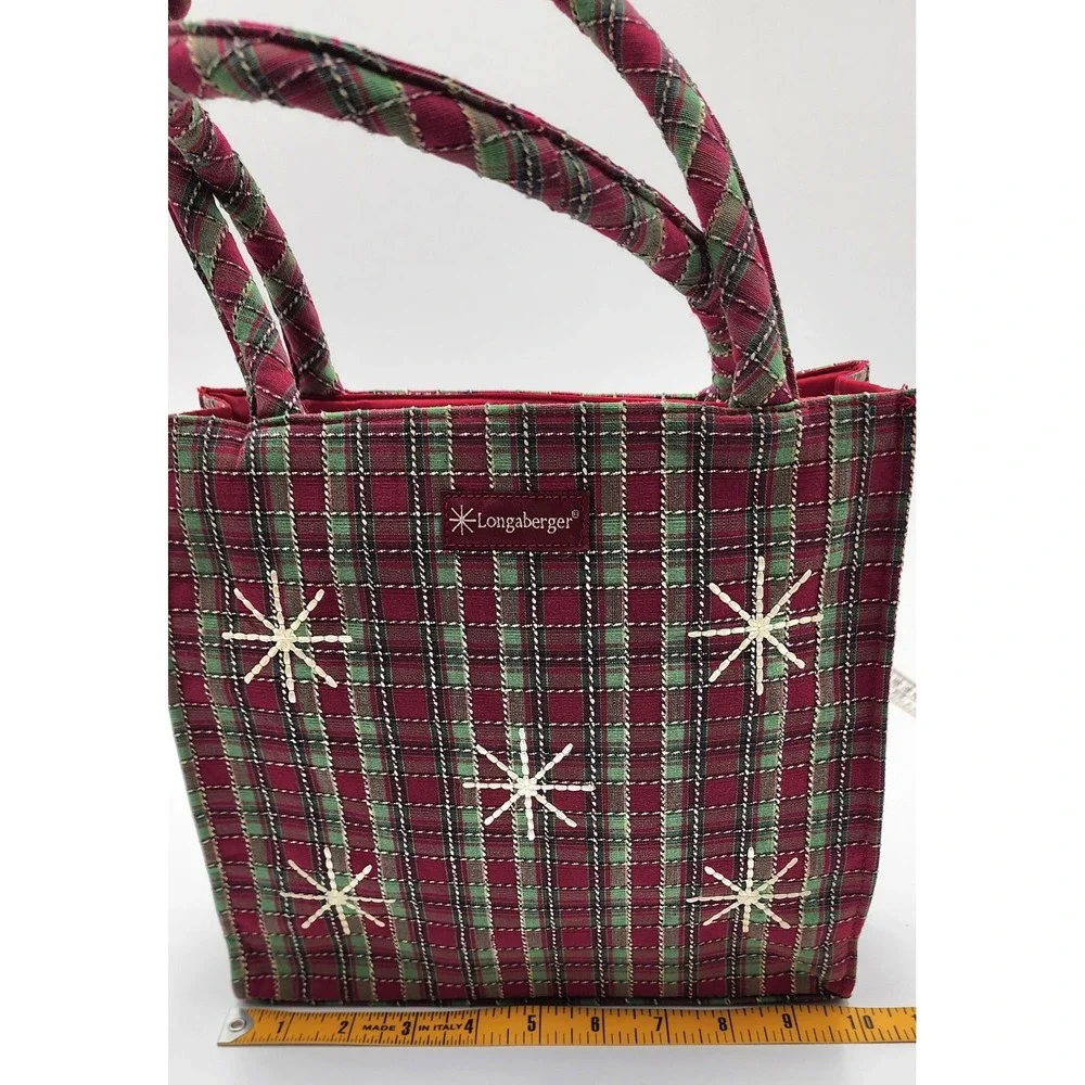 Longaberger Tote Bag Red Green Plaid Snowflake Christmas Holiday Embroidered NEW